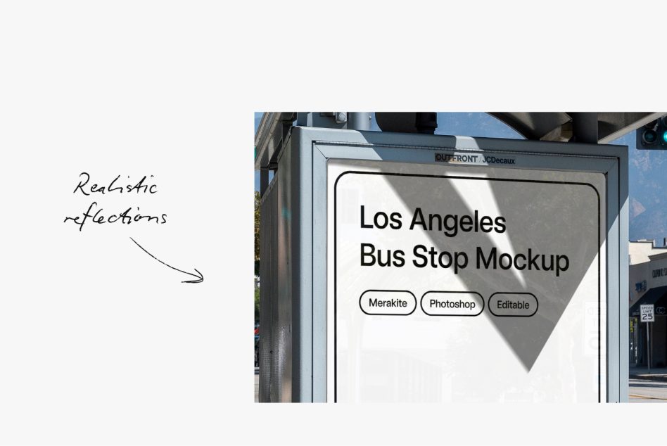 Los Angeles bus stop mockup with realistic reflections, editable Photoshop template for outdoor advertising design.